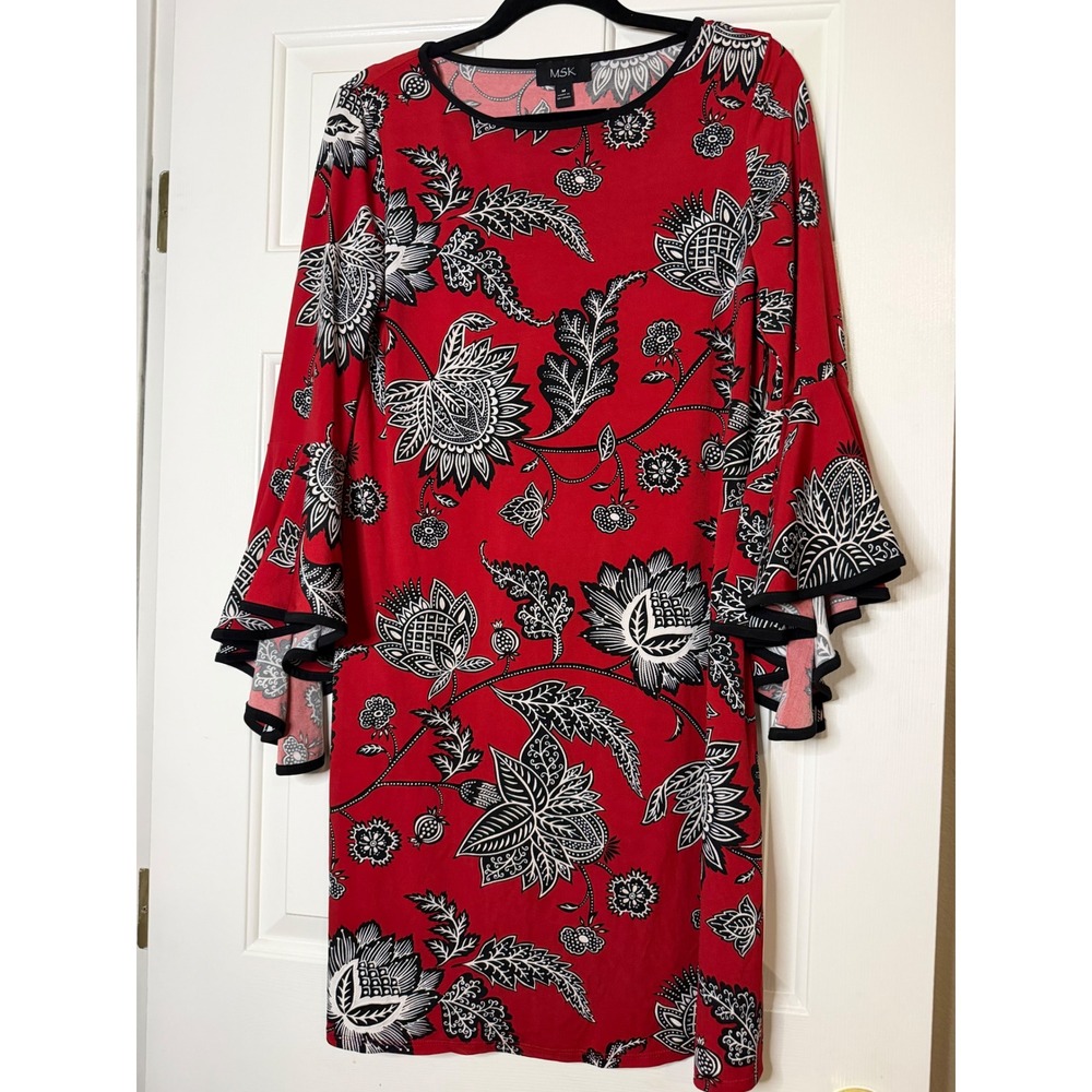 MSK Womens Red Black Floral Paisley Tiered Bell Sleeve Shift Dress Medium